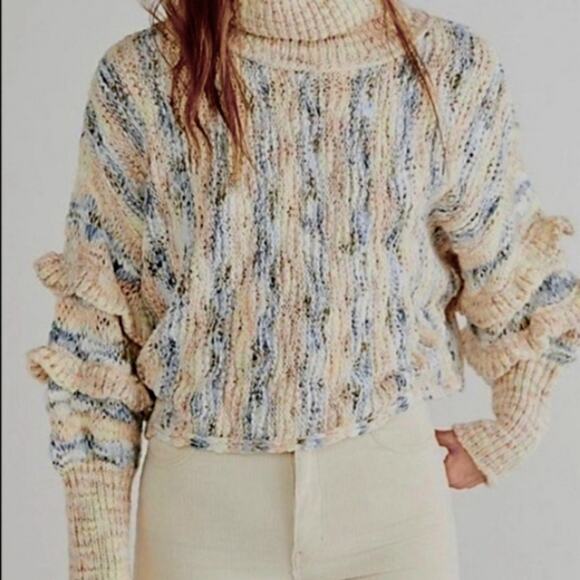 Free People Chunky Sweater M Burst your Bubble Cropped Ruffle Sleeve Turtleneck - Picture 4 of 14